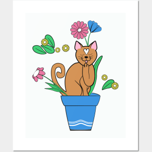 Cute cat sitting in the flower pot Posters and Art